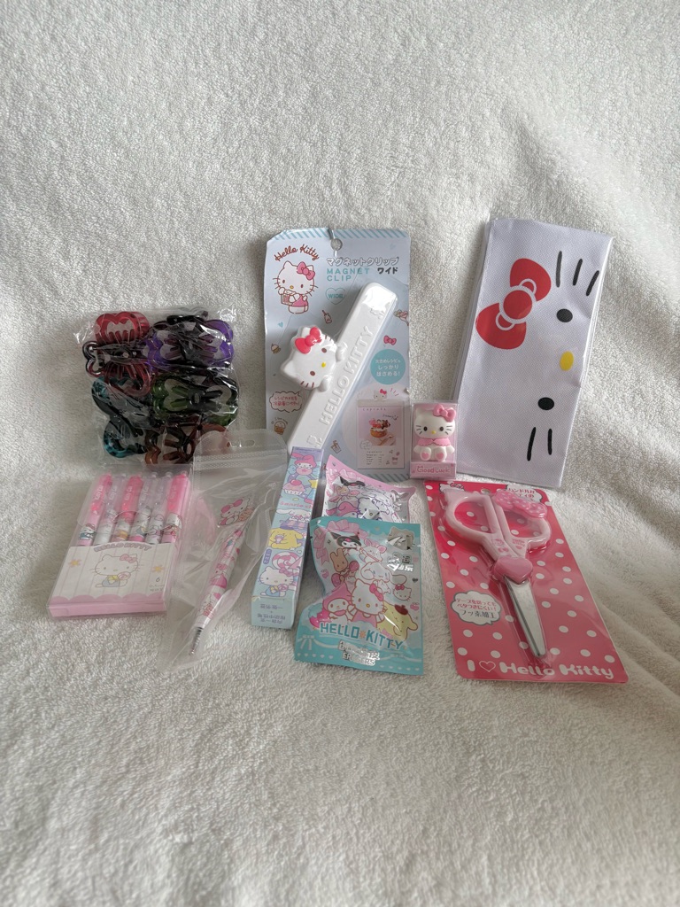 Hello Kitty Bundle 3a  Hair Clips Scissors Bag Clip Pens Erasers  More